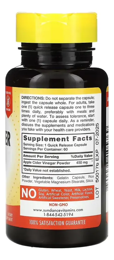 Vinagre De Sidra De Manzana 450mg Sundance X 60 Capsulas
