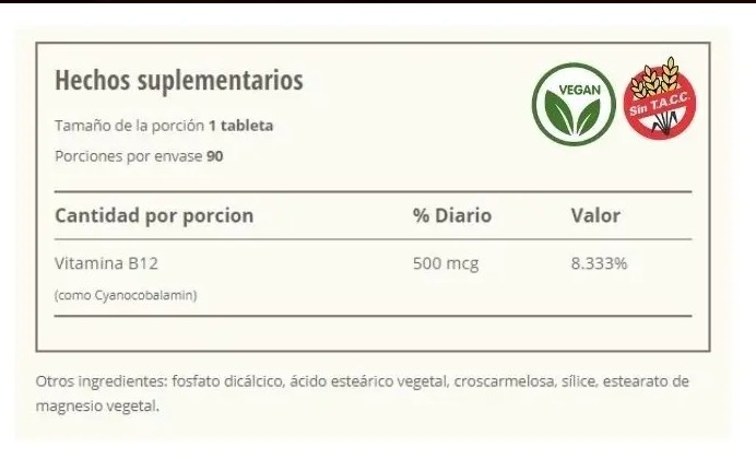 Vitamina B 12 Sundance 500mcg X 90 Tabletas Sin Tacc Vegano