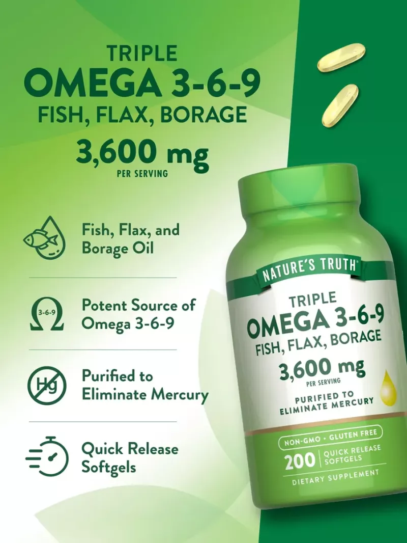 Omega 3 6 9 Triple 3600mg | 200 Cápsulas | Aceites De Pescad Sin Sabor