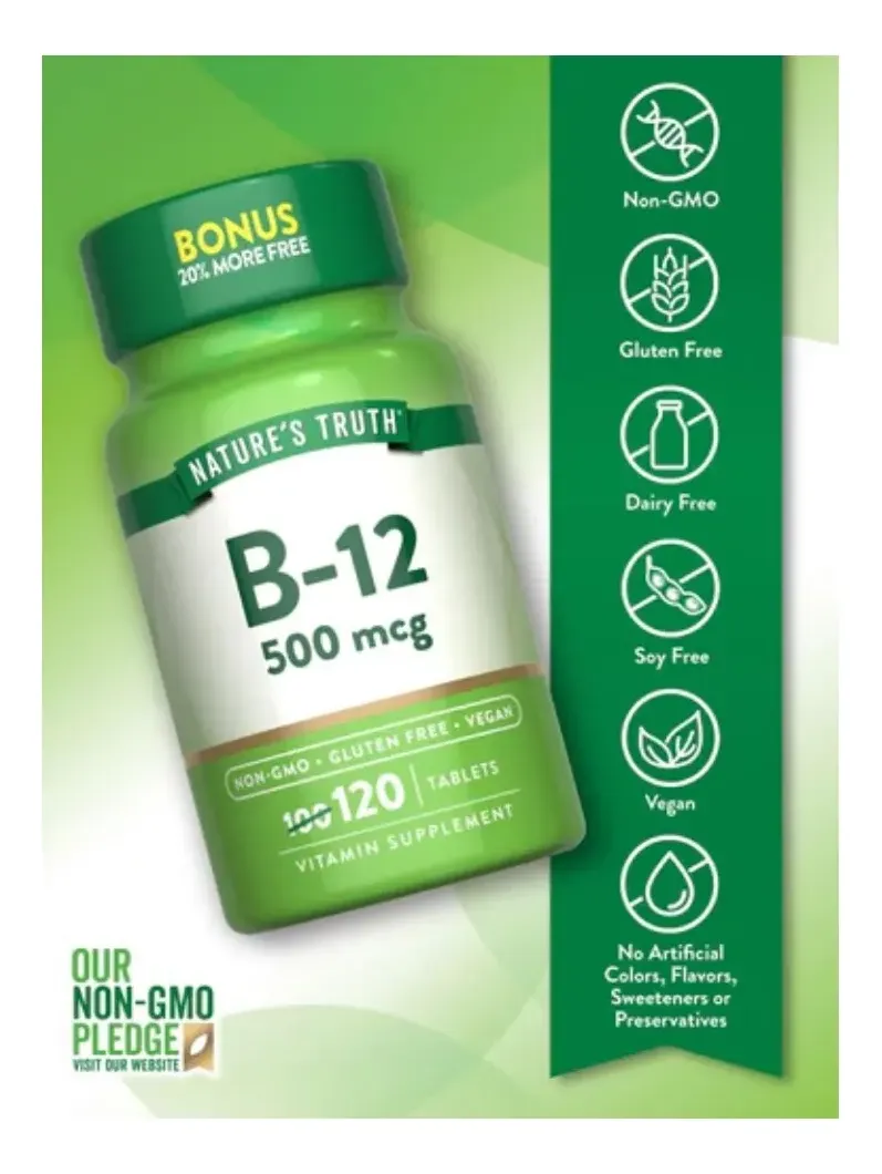 Vitamina B12 500 mcg Tabletas Nature's Truth Vegano Sin Sabor 120 Unid