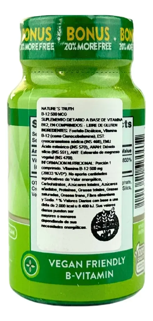 Vitamina B12 500 mcg Tabletas Nature's Truth Vegano Sin Sabor 120 Unid