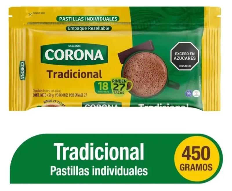 CHOCOLATE CORONA TRADICIONAL 450 GR RINDE HASTA 27 TAZAS