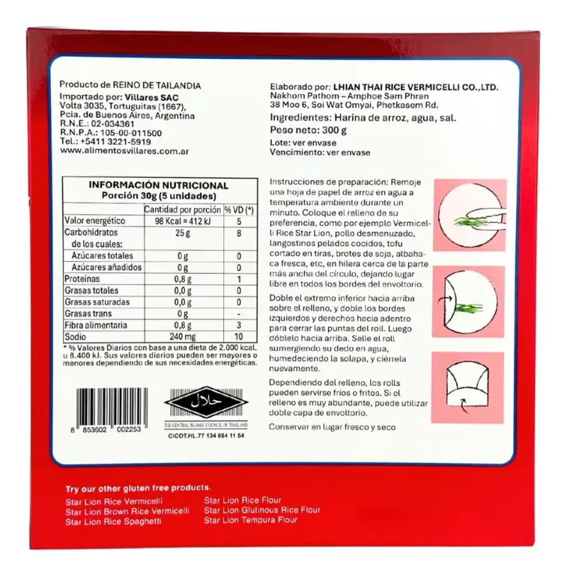 Papel De Arroz Tipo Wrap Star Lion 50 Un. Sin Gluten