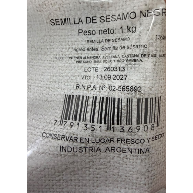 Semillas De Sésamo Negro El Peoncito 1 Kilo Argentina !