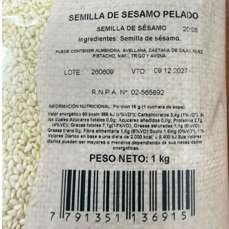 Semilla De Sesamo Pelado Blanco X 1 Kg.
