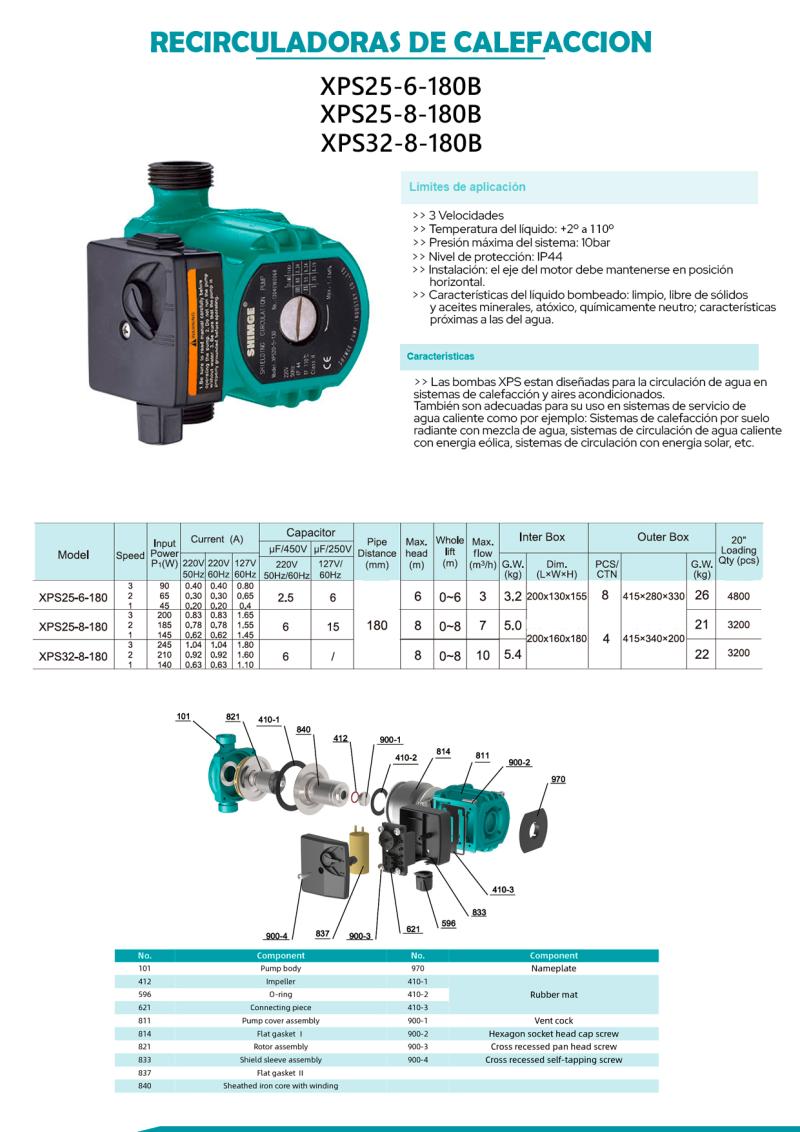 BOMBA SHIMGE RECIRCULADORA CALEFACCION XPS25-8-180 REEMPLAZA 7/1 ROWA