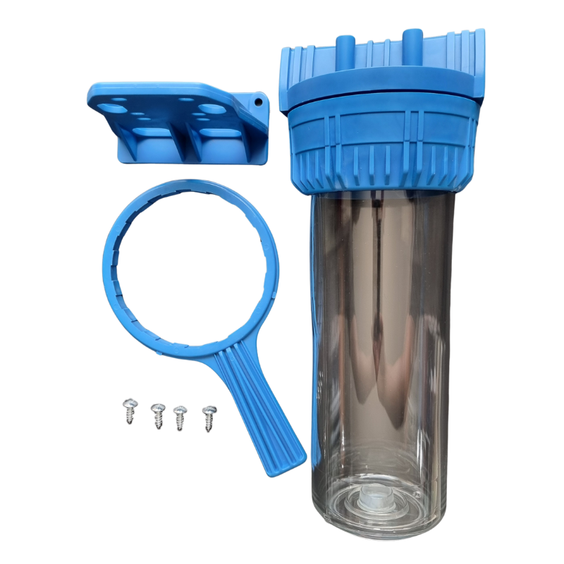 CARCASA TRASPARENTE 10X2.5 CON ROSCA DE BRONCE 3/4 PARA TRATAMIENTO DE AGUA