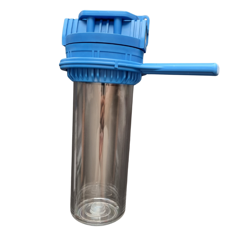 CARCASA TRASPARENTE 10X2.5 CON ROSCA DE BRONCE 3/4 PARA TRATAMIENTO DE AGUA