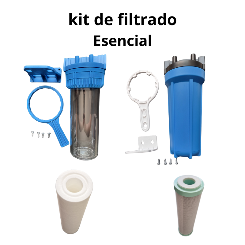 KIT ESCENCIAL DE TRATAMIENTO DE AGUA (CARCAZA TRANSPARENTE , AZUL , FILTRO DE SEDIMENTOS Y CARBON ACTIVADO)