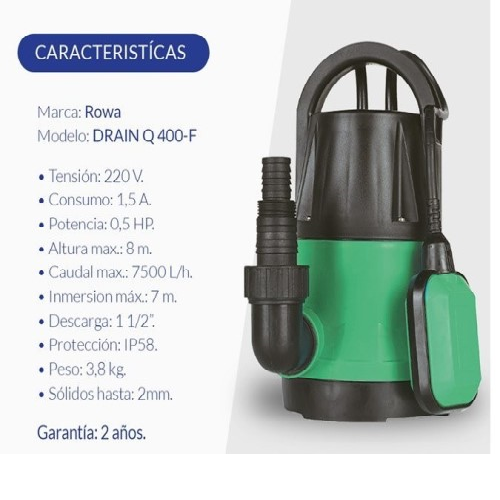 BOMBA SUMERGIBLE DESAGOTE ROWA RW DRAIN Q 400 F AGUA TURBIA