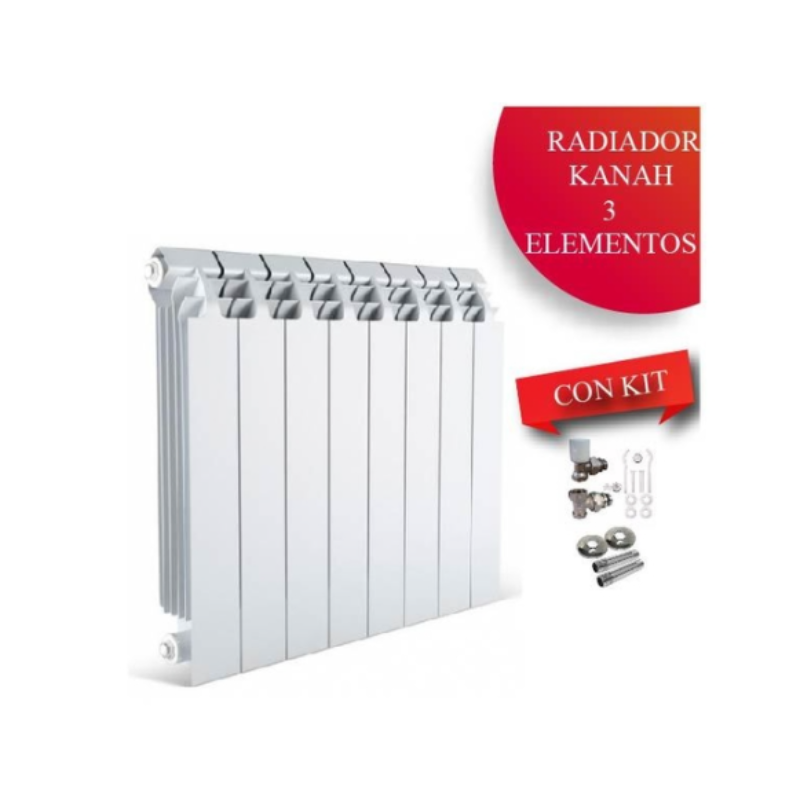 COMBO RADIADOR KANAH 500 X 3 ELEMENTOS + VALVULAS + NIPLE + ROSETA + BLISTER