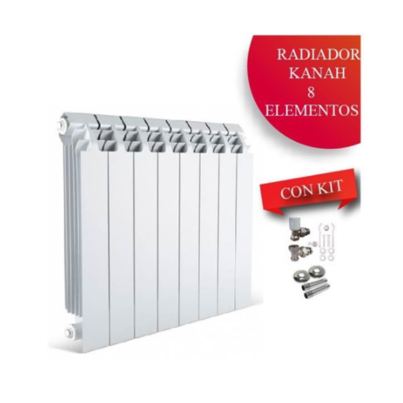 COMBO RADIADOR KANAH 500 X 8 ELEMENTOS + VALVULAS + NIPLE + ROSETA + BLISTER