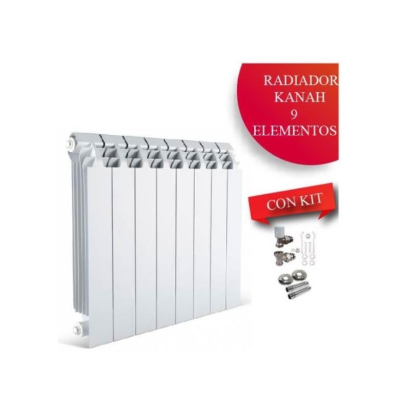 COMBO RADIADOR KANAH 500 X 9 ELEMENTOS + VALVULAS + NIPLE + ROSETA + BLISTER