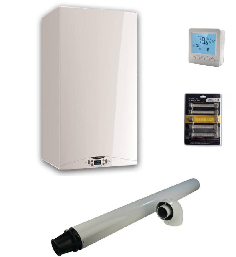 COMBO CALDERA GAS ENVASADO ARISTON HS X 24 FF DOBLE SERVICIO TIRO FORZADO (TERMOSTATO + FLEXIBLE)