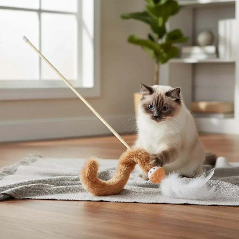 Juguete Cañita Cola Larga C/pluma y Pelota Gatos Siames Persa Mascotas