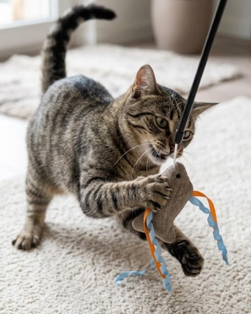 Juguete Cañita Con Pez Y Cintas Gatos Persa Siames Mascotas