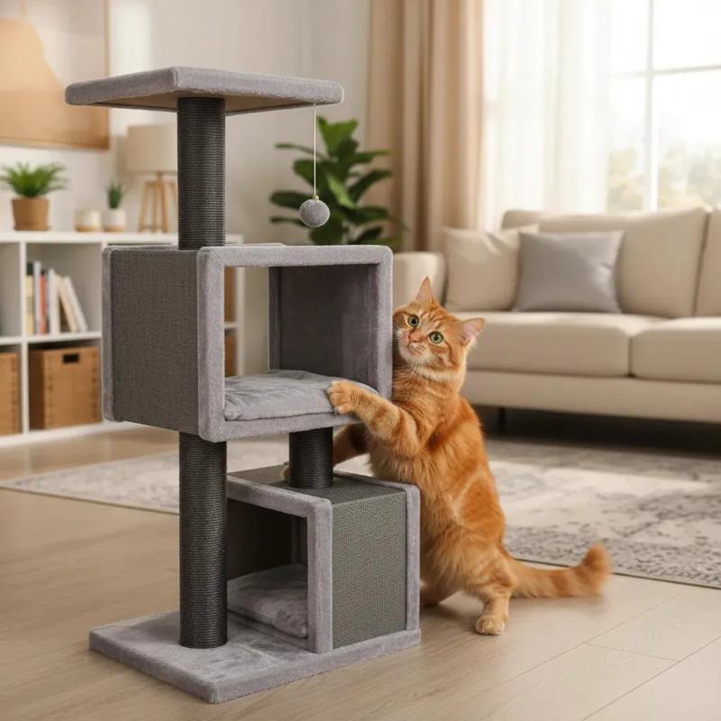 Rascador Torre Felpa Jazmin 45x36x100cm Bestia Peluda Gatos Gris