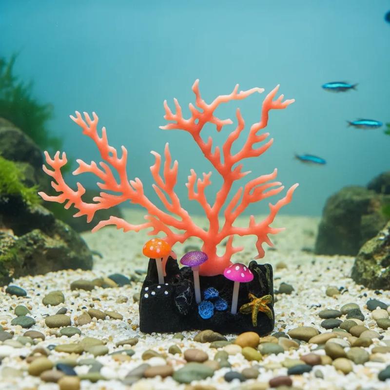 Adorno Coral Con Hongos Fluorescente Y Ventosa Acuario