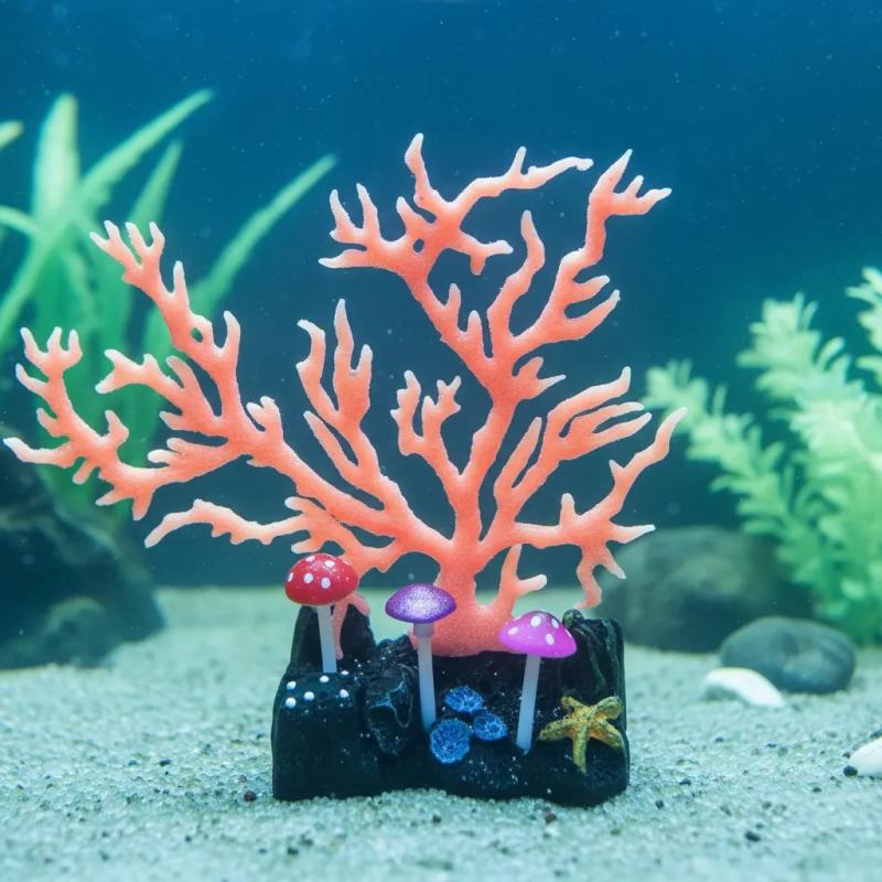 Adorno Coral Con Hongos Fluorescente Y Ventosa Acuario