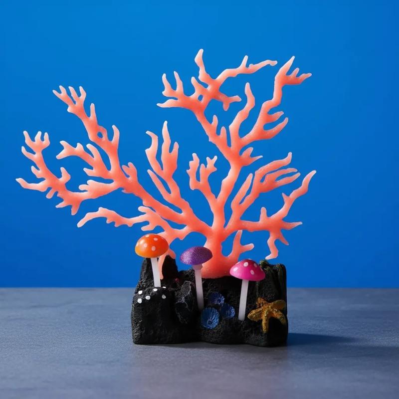 Adorno Coral Con Hongos Fluorescente Y Ventosa Acuario