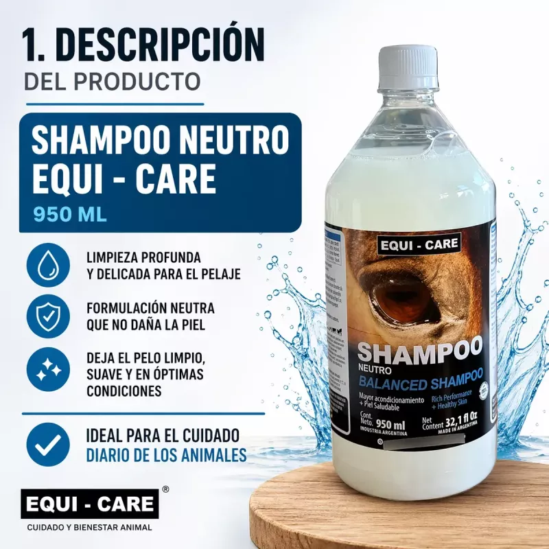 Shampoo Neutro Para Mascotas Y Equinos Equi Care 950 Ml