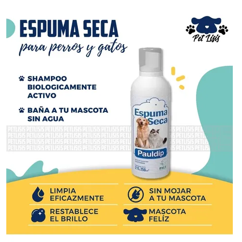 Shampoo Espuma Seca Pauldip Perros Gatos Cachorros