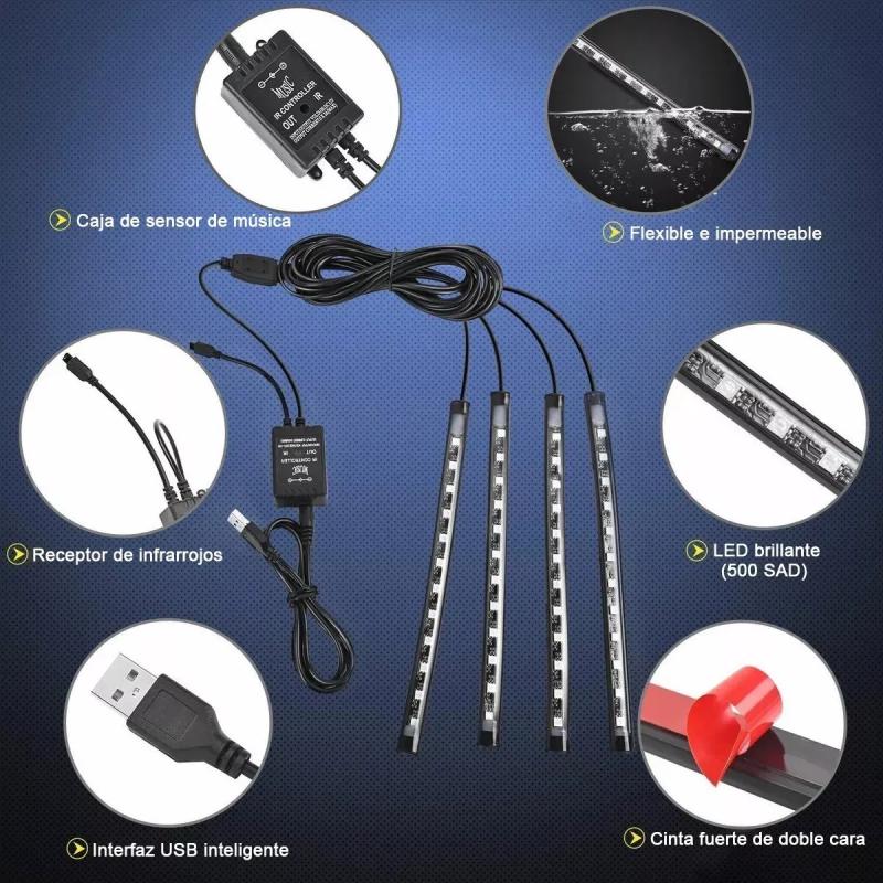 Tira Luces Interior Auto Led Rgb Multicolor 12v Audioritmica