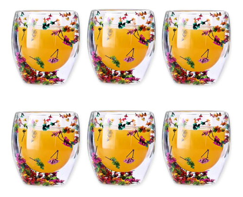 Vaso De Doble Vidrio Con Diseño De Flores 80ml Por 6 Uni
