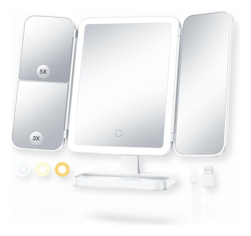 Espejo Maquillaje Luz Led Táctil Plegable Carga Usb