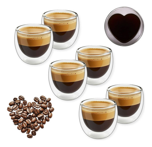Set 6 Tazas Forma Corazon Doble Pared 150ml Sin Asa