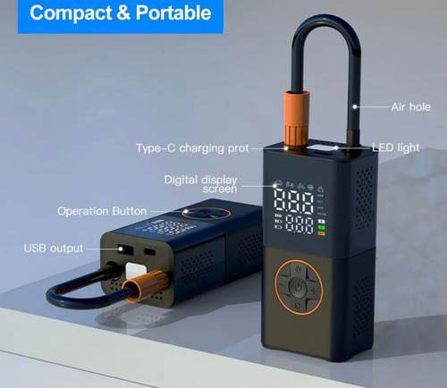 Compresor De Aire Auto Moto Inflador Usb Linterna Y Valiza