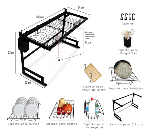 Escurridor Seca Platos De Cocina Acero 2 Pisos 85 Cm Bacha