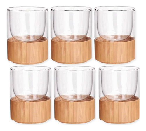 Set X 4 Taza De Vidrio Doble Aislada Con Base De Bambú 96 Ml