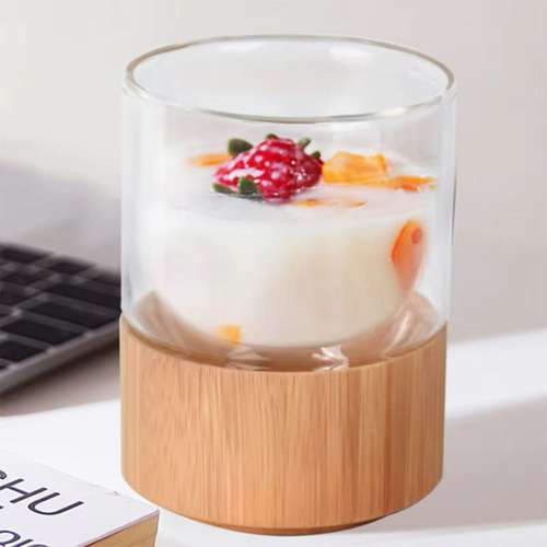 Set X 4 Taza De Vidrio Doble Aislada Con Base De Bambú 96 Ml