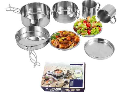 Set De Ollas Para Camping Marmita Acero Inoxidable 8 Piezas