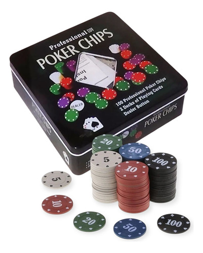Juego Poker Texas Holdem 100 Fichas Caja Y 2 Mazos Naipes