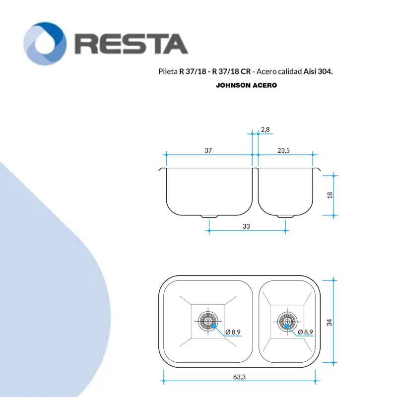 Pileta Bacha Cocina Doble Johnson R37/18 63X34X18