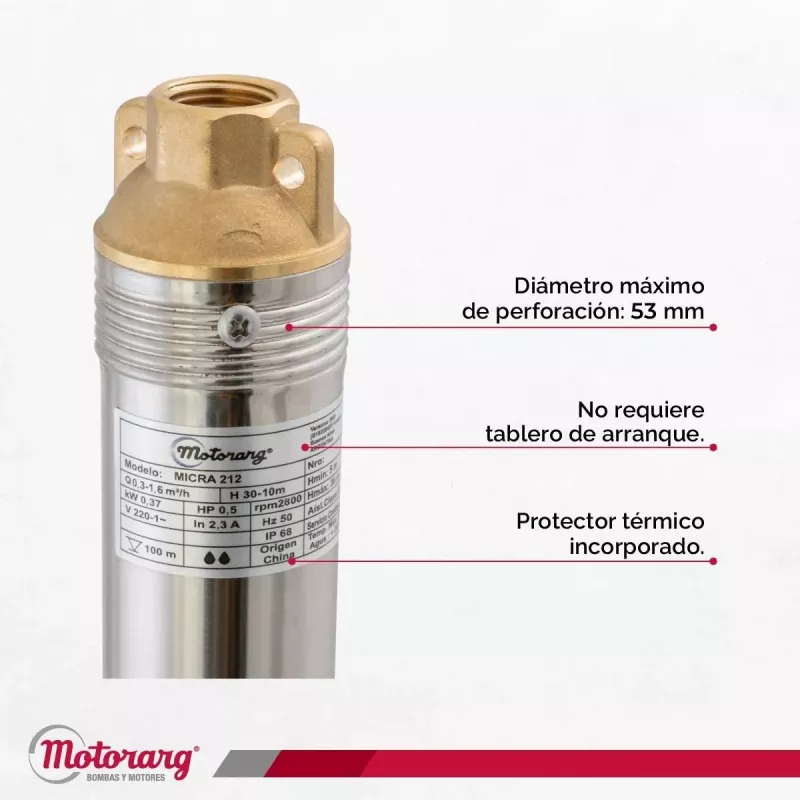 Bomba Agua Sumergible Motorarg Micra 212 Pozo 2 Pulgadas 0,5 Hp + 25 Mts Cable