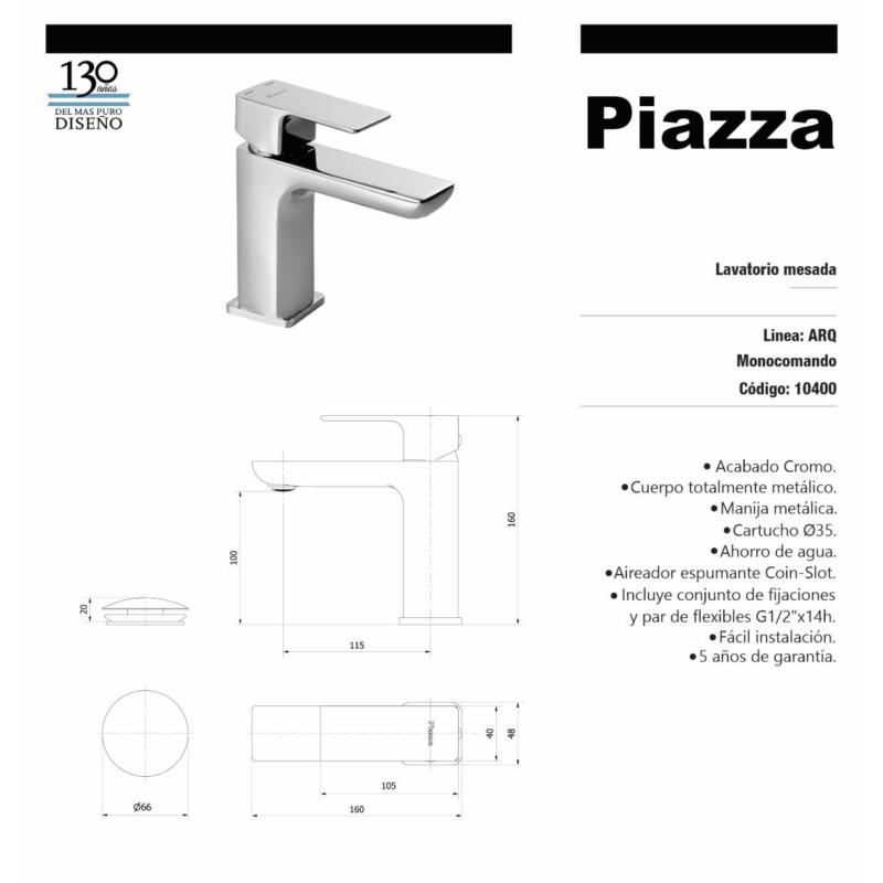 Grifería Baño Lavatorio Bajo Monocomando Piazza Arq 10400 Cromo