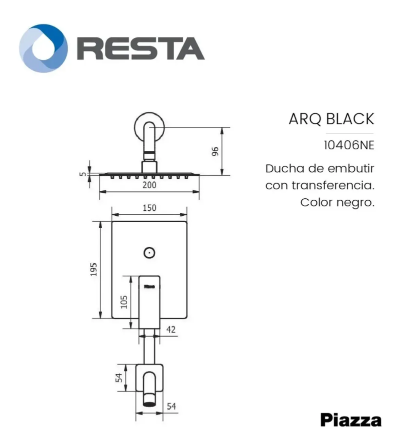 Grifería Ducha Con Transferencia Monocomando Piazza ARQ 10406NE