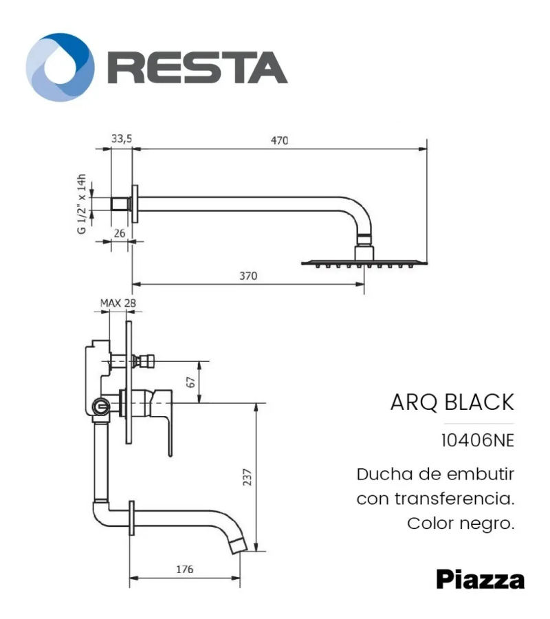 Grifería Ducha Con Transferencia Monocomando Piazza ARQ 10406NE
