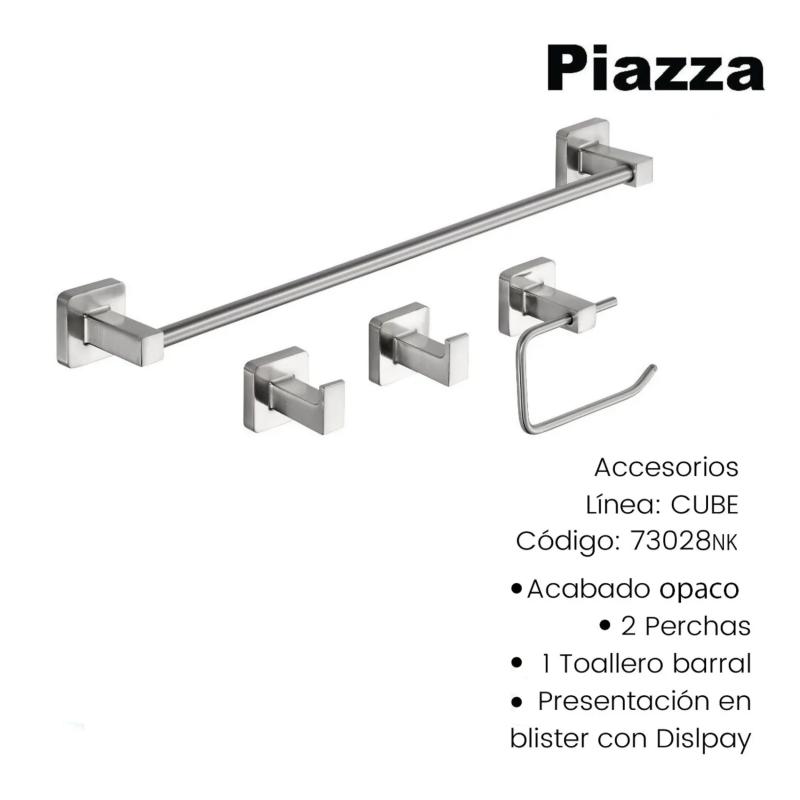Kit Set 4 Piezas Accesorios Baño Piazza Cube Nickel 73028NK