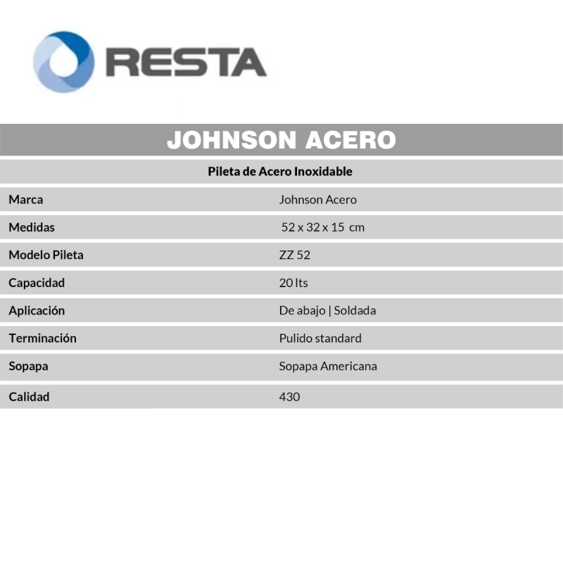 Pileta Bacha Simple 52x32x15 Acero 430 Johnson Acero Zz52