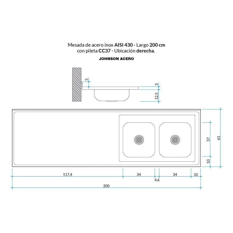 Mesada Cocina AISI 430 De 200cm Con Bacha Doble CC37 Lado Derecha Johnson