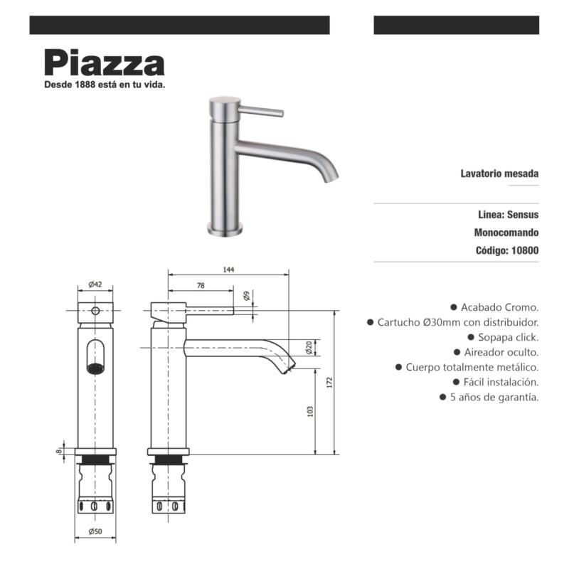 Grifería Lavatorio Monocomando Piazza Sensus 10800 Cromo
