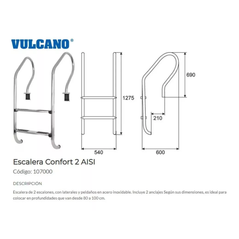 Escalera Acero Inoxidable Confort 2 Peldaños Vulcano 107000