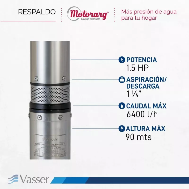 Bomba Sumergible Pozo Vasser BS4 150 4 pulgadas 1.5HP 90Mts