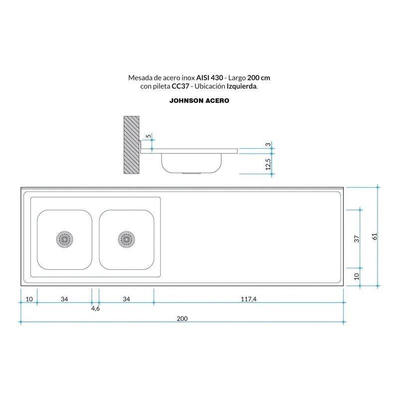 Mesada Cocina AISI 430 De 200cm Con Bacha Doble CC37 Lado Izquierdo Johnson