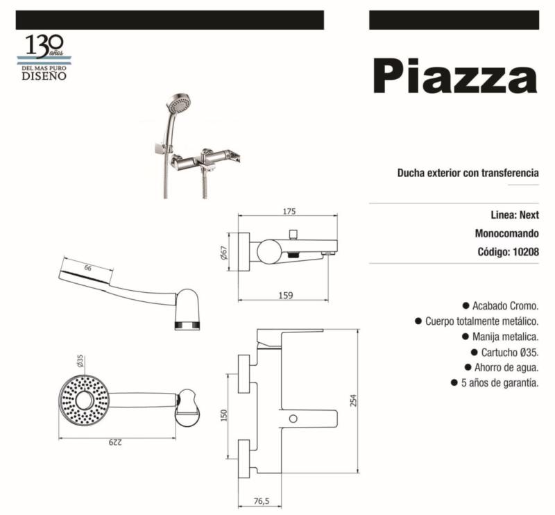 Grifería Monocomando Ducha Exterior Piazza Next 10208