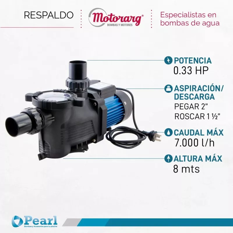Bomba Piscina Electrobomba Autocebante Pearl Mini Pool 33m 40.000 Lts 0.33